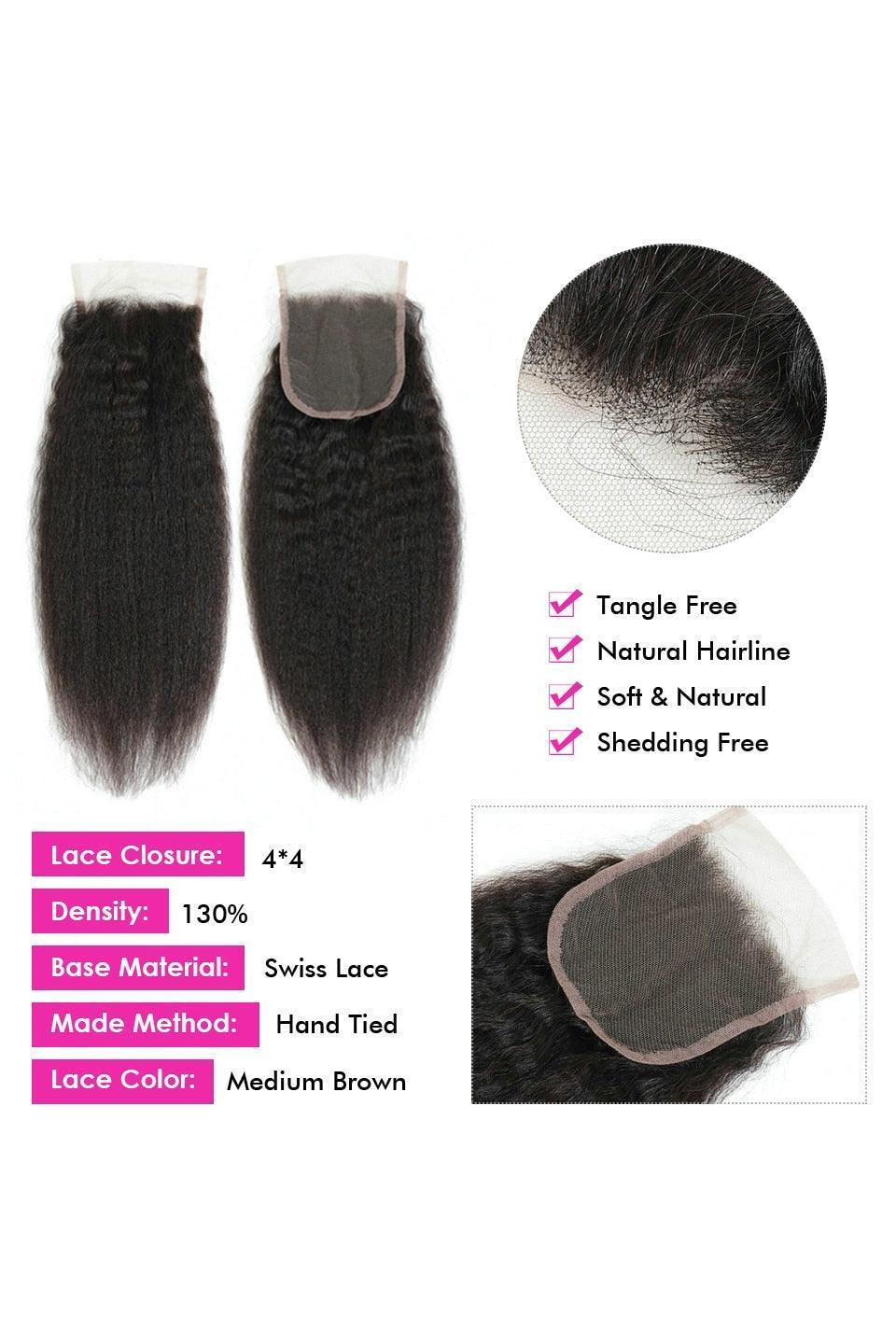 Brazilian Human Hair 3 Bundles With 4x4 Closure Kinky Straight Hair - HEPSIBAH SHOP