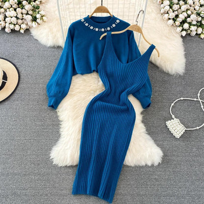 Women Elegant Slim Two Piece Sets Female Sweater Dress Autumn Winter High Waist Knitted Ensemble Femme Medium Long Party Dresses - HEPSIBAH SHOP