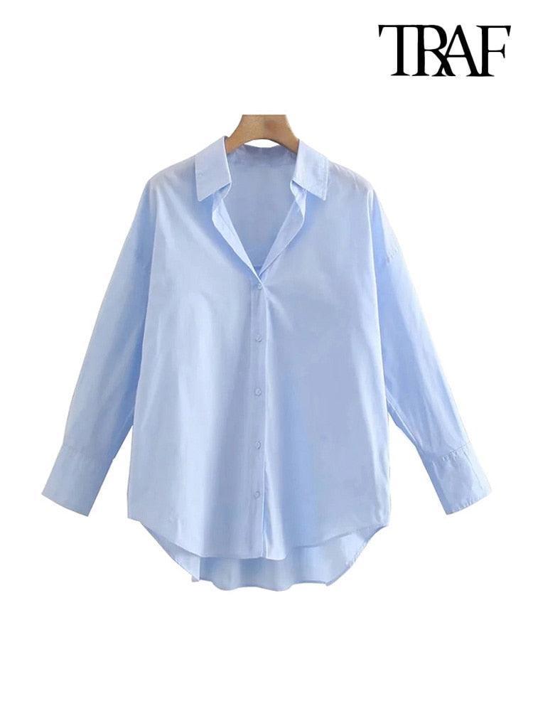 TRAF Women Fashion Loose Asymmetry Poplin Blouses Vintage Long Sleeve Button-up Female Shirts Blusas Chic Tops - HEPSIBAH SHOP