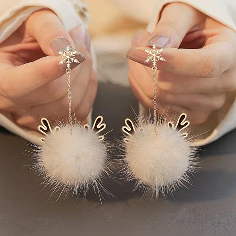 Snowflake Antler Hair Ball Earrings - HEPSIBAH SHOP