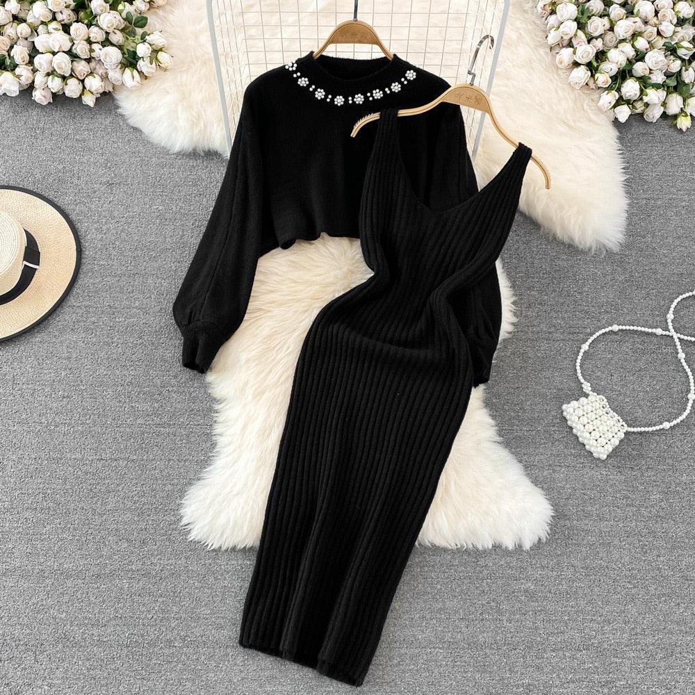 Women Elegant Slim Two Piece Sets Female Sweater Dress Autumn Winter High Waist Knitted Ensemble Femme Medium Long Party Dresses - HEPSIBAH SHOP