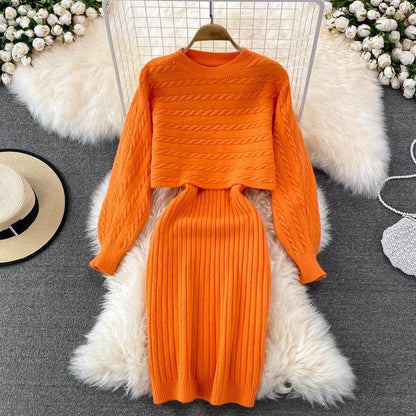 Women Elegant Slim Two Piece Sets Female Sweater Dress Autumn Winter High Waist Knitted Ensemble Femme Medium Long Party Dresses - HEPSIBAH SHOP