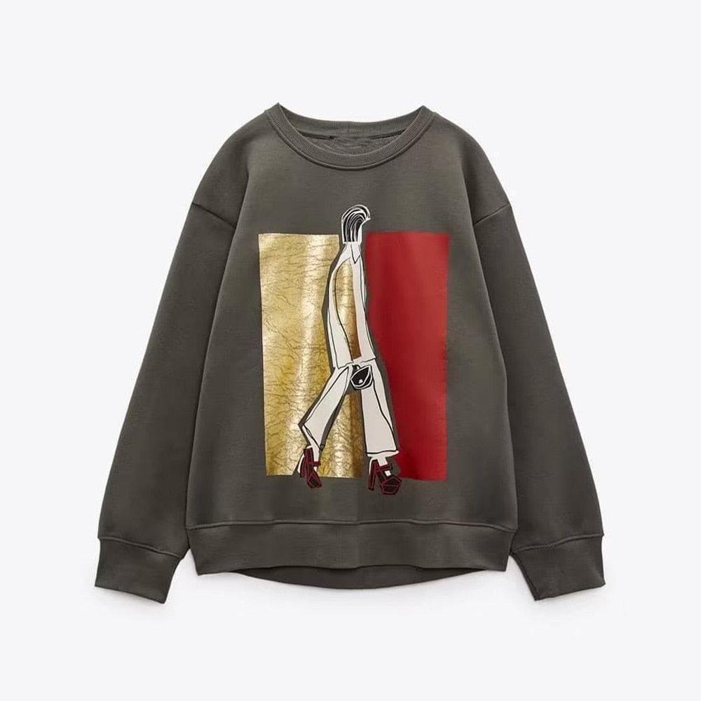 Women 2022 Autumn New Fashion Printing Basic Sweatshirts Vintage O Neck Long Sleeve Female Pullovers Chic Tops - HEPSIBAH SHOP