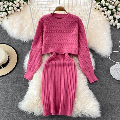 Women Elegant Slim Two Piece Sets Female Sweater Dress Autumn Winter High Waist Knitted Ensemble Femme Medium Long Party Dresses - HEPSIBAH SHOP