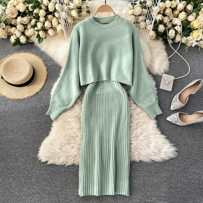 Women Elegant Slim Two Piece Sets Female Sweater Dress Autumn Winter High Waist Knitted Ensemble Femme Medium Long Party Dresses - HEPSIBAH SHOP