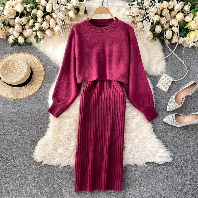 Women Elegant Slim Two Piece Sets Female Sweater Dress Autumn Winter High Waist Knitted Ensemble Femme Medium Long Party Dresses - HEPSIBAH SHOP