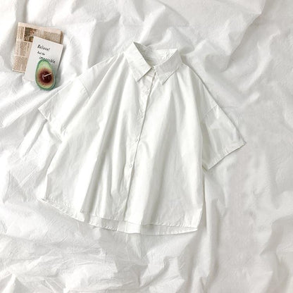 White Shirts Women with Tie Japanese Style Preppy Students BF Oversized Blouse Simple Solid Loose Summer Top L3204 - HEPSIBAH SHOP