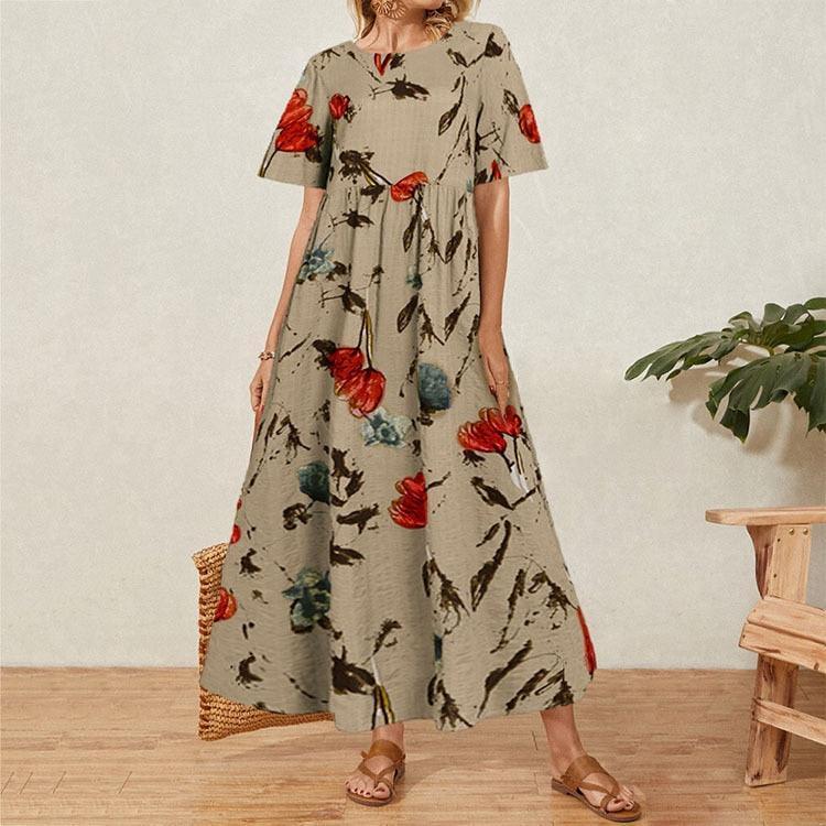 Vintage Floral Long Dress Women Summer Elegant Linen Short Sleeve Boho Maxi Dress Female Holiday Sundress Party Dresses Vestidos - HEPSIBAH SHOP