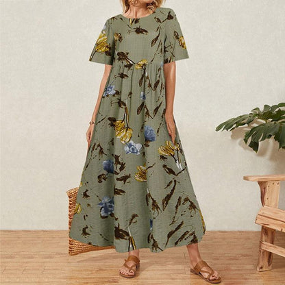 Vintage Floral Long Dress Women Summer Elegant Linen Short Sleeve Boho Maxi Dress Female Holiday Sundress Party Dresses Vestidos - HEPSIBAH SHOP