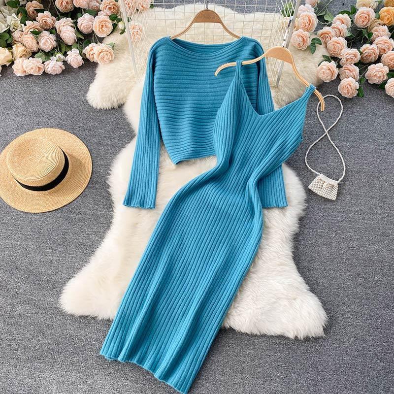 Women Elegant Slim Two Piece Sets Female Sweater Dress Autumn Winter High Waist Knitted Ensemble Femme Medium Long Party Dresses - HEPSIBAH SHOP