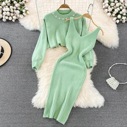 Women Elegant Slim Two Piece Sets Female Sweater Dress Autumn Winter High Waist Knitted Ensemble Femme Medium Long Party Dresses - HEPSIBAH SHOP