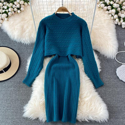 Women Elegant Slim Two Piece Sets Female Sweater Dress Autumn Winter High Waist Knitted Ensemble Femme Medium Long Party Dresses - HEPSIBAH SHOP