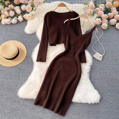 Women Elegant Slim Two Piece Sets Female Sweater Dress Autumn Winter High Waist Knitted Ensemble Femme Medium Long Party Dresses - HEPSIBAH SHOP