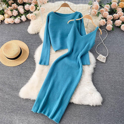 Women Elegant Slim Two Piece Sets Female Sweater Dress Autumn Winter High Waist Knitted Ensemble Femme Medium Long Party Dresses - HEPSIBAH SHOP