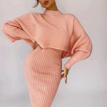 Women Elegant Slim Two Piece Sets Female Sweater Dress Autumn Winter High Waist Knitted Ensemble Femme Medium Long Party Dresses - HEPSIBAH SHOP