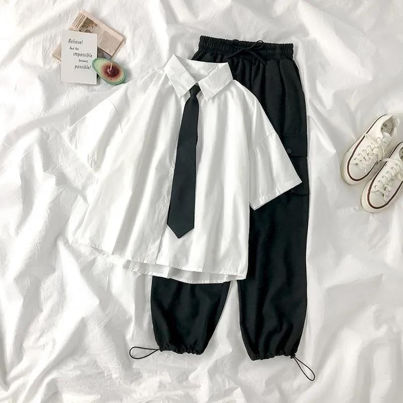 White Shirts Women with Tie Japanese Style Preppy Students BF Oversized Blouse Simple Solid Loose Summer Top L3204 - HEPSIBAH SHOP