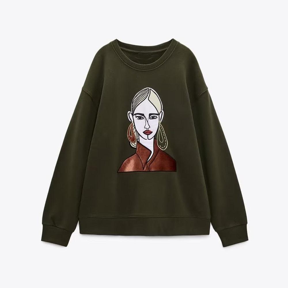 Women 2022 Autumn New Fashion Printing Basic Sweatshirts Vintage O Neck Long Sleeve Female Pullovers Chic Tops - HEPSIBAH SHOP