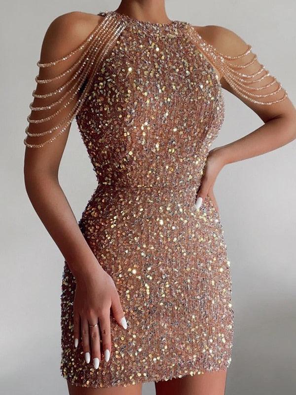 Off Shoulder Gold Sequin Short Dress - HEPSIBAH SHOP