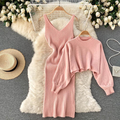 Women Elegant Slim Two Piece Sets Female Sweater Dress Autumn Winter High Waist Knitted Ensemble Femme Medium Long Party Dresses - HEPSIBAH SHOP