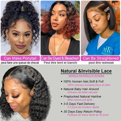 Water Wave Lace Front Wigs for Women Brazilian Closure Bob Wig 13x4 Transparent Lace Frontal Short Wigs Human Hair Pre Plucked - HEPSIBAH SHOP