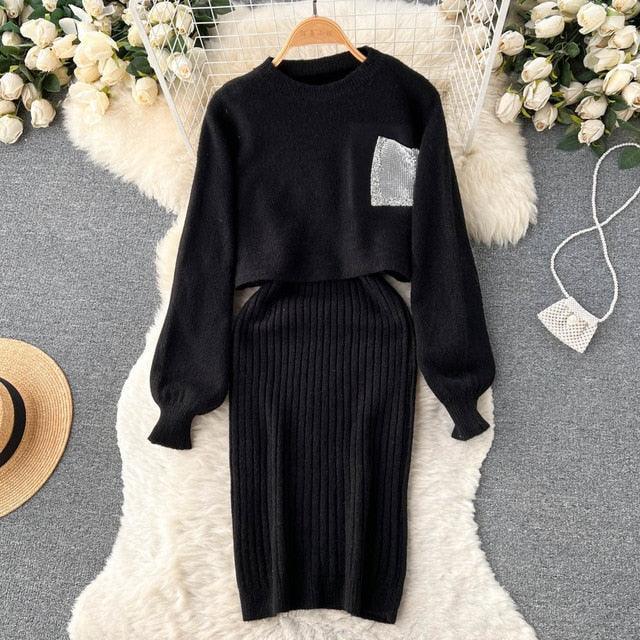 Women Elegant Slim Two Piece Sets Female Sweater Dress Autumn Winter High Waist Knitted Ensemble Femme Medium Long Party Dresses - HEPSIBAH SHOP