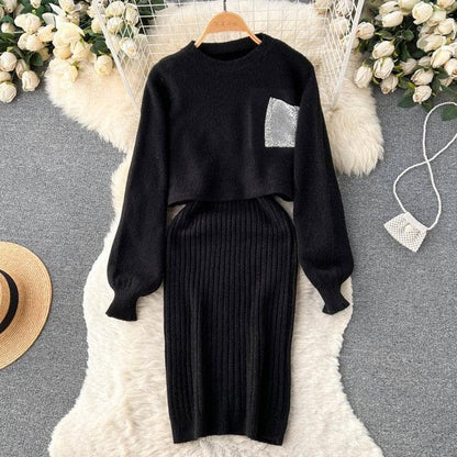 Women Elegant Slim Two Piece Sets Female Sweater Dress Autumn Winter High Waist Knitted Ensemble Femme Medium Long Party Dresses - HEPSIBAH SHOP