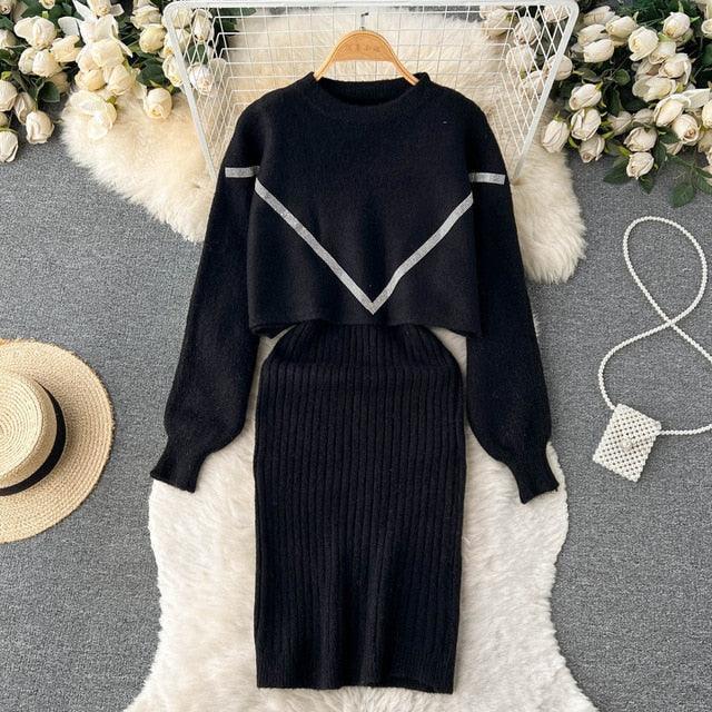 Women Elegant Slim Two Piece Sets Female Sweater Dress Autumn Winter High Waist Knitted Ensemble Femme Medium Long Party Dresses - HEPSIBAH SHOP