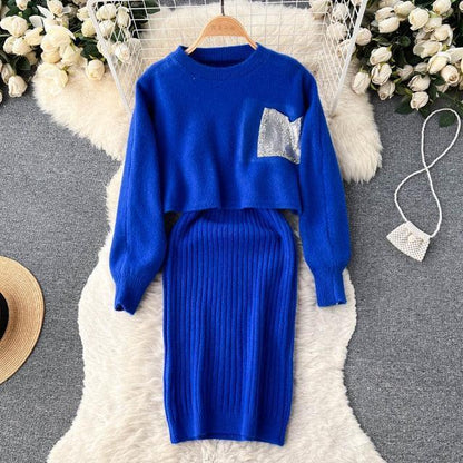 Women Elegant Slim Two Piece Sets Female Sweater Dress Autumn Winter High Waist Knitted Ensemble Femme Medium Long Party Dresses - HEPSIBAH SHOP