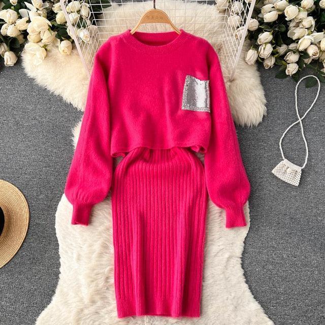 Women Elegant Slim Two Piece Sets Female Sweater Dress Autumn Winter High Waist Knitted Ensemble Femme Medium Long Party Dresses - HEPSIBAH SHOP