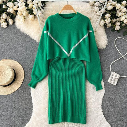 Women Elegant Slim Two Piece Sets Female Sweater Dress Autumn Winter High Waist Knitted Ensemble Femme Medium Long Party Dresses - HEPSIBAH SHOP