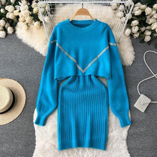 Women Elegant Slim Two Piece Sets Female Sweater Dress Autumn Winter High Waist Knitted Ensemble Femme Medium Long Party Dresses - HEPSIBAH SHOP