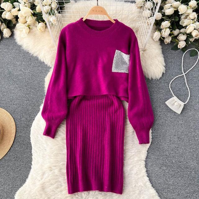 Women Elegant Slim Two Piece Sets Female Sweater Dress Autumn Winter High Waist Knitted Ensemble Femme Medium Long Party Dresses - HEPSIBAH SHOP