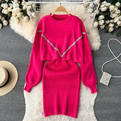 Women Elegant Slim Two Piece Sets Female Sweater Dress Autumn Winter High Waist Knitted Ensemble Femme Medium Long Party Dresses - HEPSIBAH SHOP