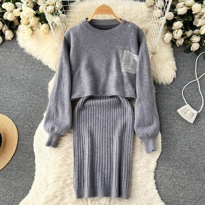 Women Elegant Slim Two Piece Sets Female Sweater Dress Autumn Winter High Waist Knitted Ensemble Femme Medium Long Party Dresses - HEPSIBAH SHOP