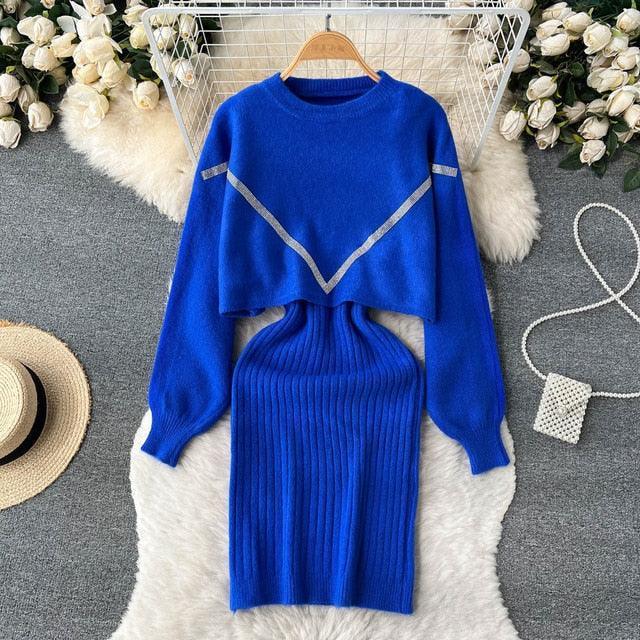 Women Elegant Slim Two Piece Sets Female Sweater Dress Autumn Winter High Waist Knitted Ensemble Femme Medium Long Party Dresses - HEPSIBAH SHOP